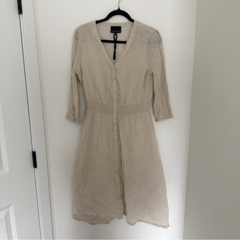 Phase Eight Linen Cotton V Neck Cream Long Sleeve Dress Size 12 UK, 8 US Women’s